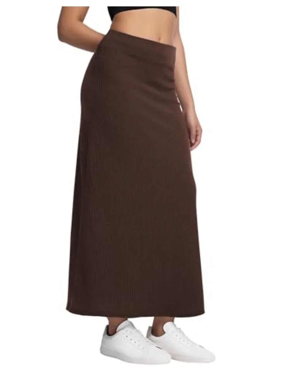High Waist A-Line Maxi Skirt Ribbed Knit Long Flowy
